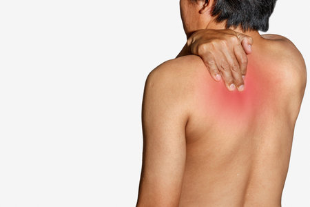 Men who have health problems, muscle pain, shoulder painの写真素材