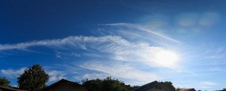 Panorama, Blue sky background with clouds and sunの写真素材
