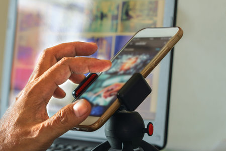 Men hand presses on touch screen digital of smartphone