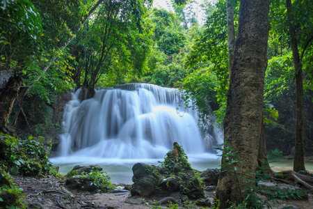 Beautiful Huai Mae Khamin waterfall in the rainy season,  Kanchanaburi Province, Thailand.の写真素材
