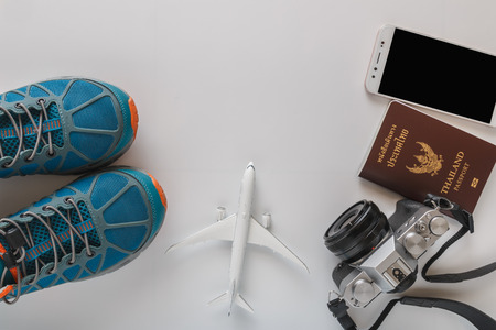 Travel Equipment Concept on white background ,Top viewの写真素材