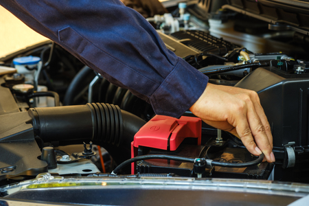 Action check  battery car terminal in engine roomの写真素材