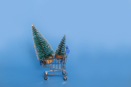 Christmas tree lie in a shopping trolley of new year festival,With copy space on blue backgroundの写真素材