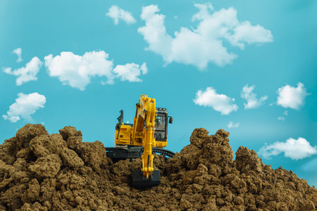 Yellow excavators are digging the soil in the construction site on the cloud and  sky  background