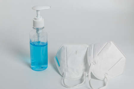 Medical mask  KN95 and alcohol gel for disinfecting   on the white backgroundの写真素材