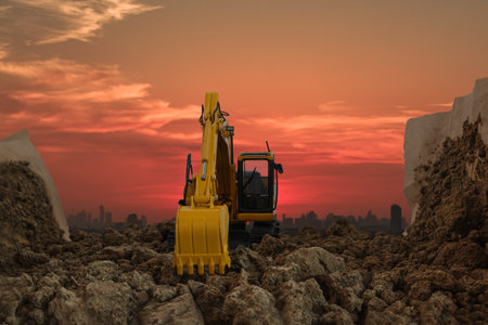 Excavators are digging the soil in the construction site on the  sunset  sky backgroundの写真素材