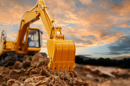 Excavator with Bucket lift up are digging the soil in the construction site on the sky  backgroundの写真素材