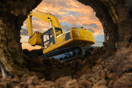 Crawler excavator are digging soil in the tunnel construction site. With a  sunset background