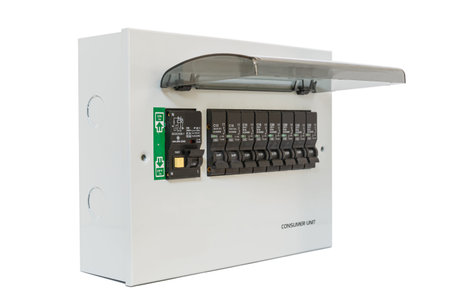 Consumer unit with automatic fuses and switchboard with circuit breakers. . Electrical panel in home...