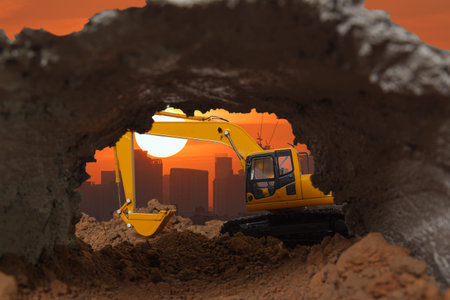 Excavator are digging soil in the tunnel construction site in city. With a  sunset backgroundの写真素材