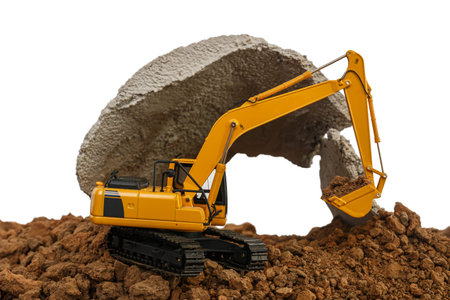 Yellow Excavator digging the soil In the construction site area on white background