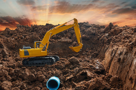 Excavator is digging in the construction site pipeline work on  sky background,with bucket lift up.