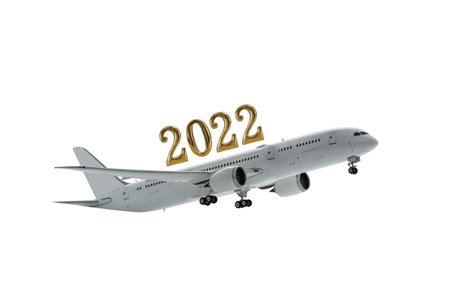 Airplane boeing  on white background,Concept  new year 2022 of  open airspace