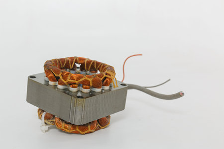 Copper coil old electric fan motor on a white background