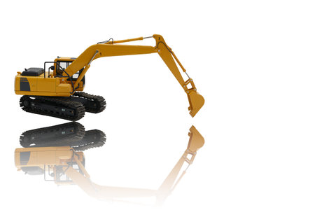 Crawler Excavator is digging with bucket lift up with reflection shadow on white background.の写真素材