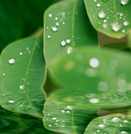 Green leaf with rain drop  in morning on nature  background,shadow  reflection in waterの写真素材