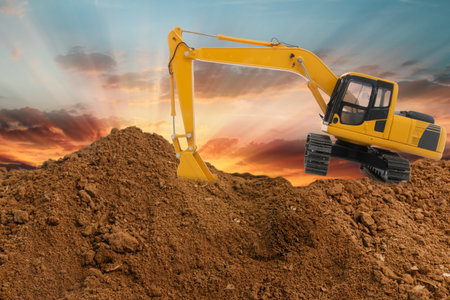 Crawler excavator lifted track repair  on sky sunset backgrounds.の写真素材