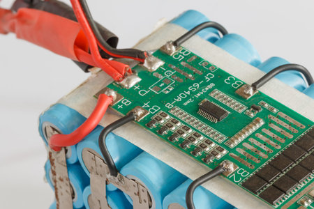 Packed lithium battery with bms available on white background.