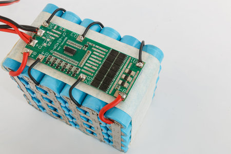 Packed lithium battery with bms available on white background.