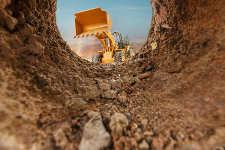 Wheel loader are digging the soil in the tunnel construction site  on blue sky backgroundの写真素材