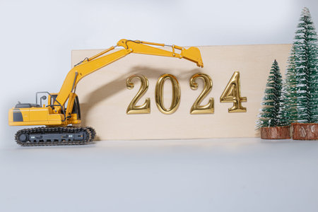 Concept Happy new year 2024,Crawler excavator with bucket lift up .