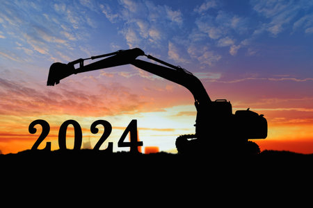 Concept happy new year 2024,crawler excavator silhouette with lift up bucket .On sunrise backgrounds
