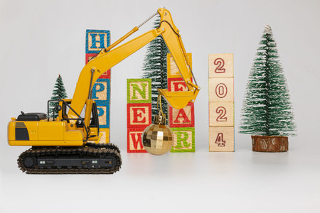 Concepts happy new year 2024 ,With Crawler excavator on white background.