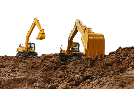 Crawler Excavator is digging soil in the construction site  on  isolated white background.