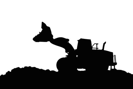 Wheel loader silhouette are digging soil with bucket lift up in the construction site on white ...