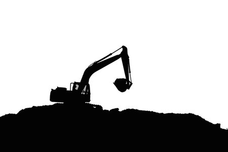 Crawler excavators silhouette are digging the soil in the construction site on the white backgroundの写真素材