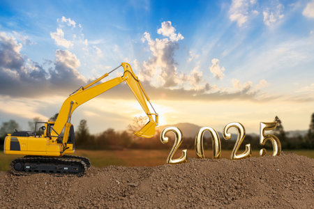 Concept Happy new year 2025,With crawler excavator in construction site .on sunset  backgrounds