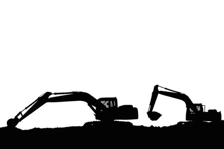 Crawler excavators silhouette are digging the soil in the construction site on the isolated white backgroundの写真素材