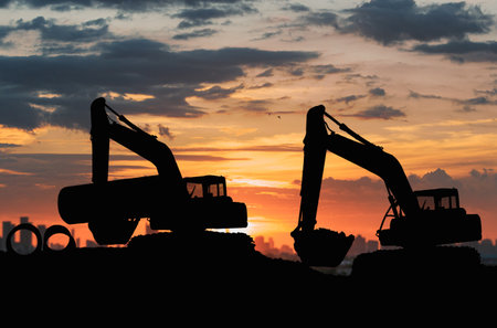 Crawler excavators silhouette are digging the soil in the construction site. With blue sky and clouds of on sunset backgroundの写真素材