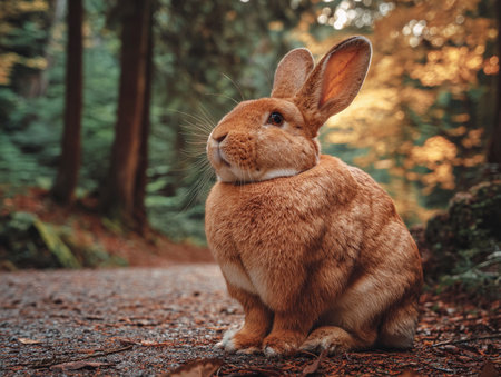 A ginger fat rabbit sitting, with a natural  forest autumn background, Ai image generatedの素材