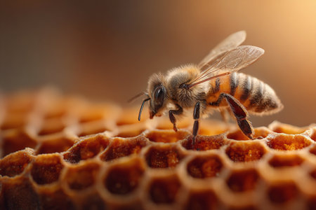 "Close-up of a honeybee on a honeycomb, Ai image generatedの素材