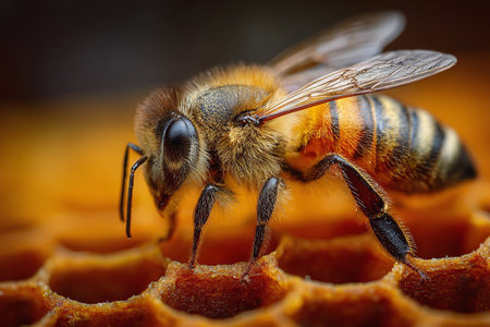 "Close-up of a honeybee on a honeycomb, Ai image generatedの素材