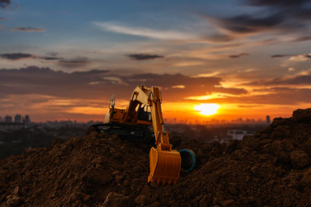 Crawler excavators  are digging the soil in the construction site. on the sunset  background