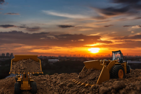 Wheel loader are digging the soil in the construction site on the sunset and cloud  sky background .