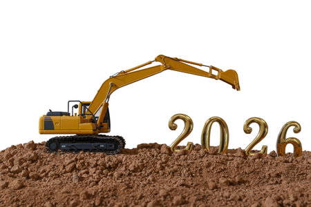 Concept Happy new year 2026,With crawler excavator in construction site .on isolated white ...