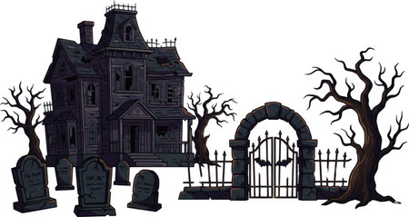 Halloween background with haunted house and tombstones. Vector illustration.
