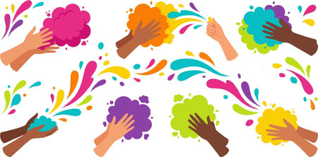 Decorative water festival vector illustration featuring abstract color splashes and paint clouds and dynamic motion. Flat modern design with bold saturated colors on a pure white background. Perfect for promotional graphics and branding and creative templates. Ready for vector export and scalable design applications.のイラスト素材