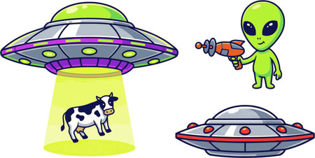 Cartoon illustration of a set of military equipment and weapons. All on white background.