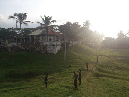 People walking in a villageの写真素材