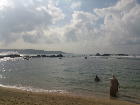 People swimming by the beachの写真素材