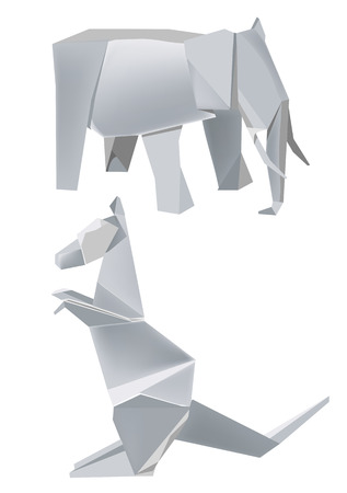 Illustration of folded paper models, elephant_kangaroo on white background, Vector illustration.のイラスト素材