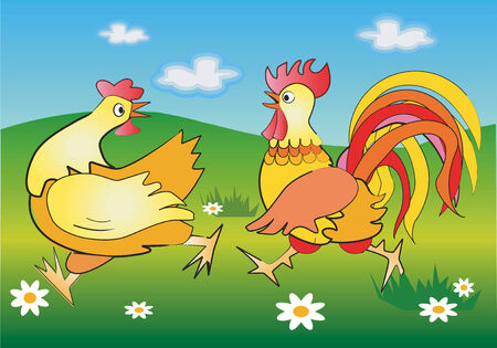 Vector illustration of running cockerel and pullet in a  spring meadow.のイラスト素材