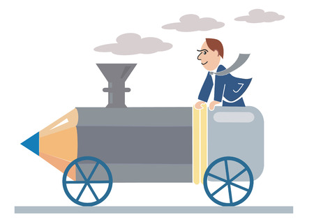 Designer ridden by a pencil-locomotive, Vector illustration.のイラスト素材