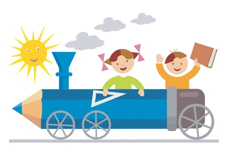 Small boy and girl ridden in the crayon-locomotive. のイラスト素材