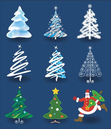 Set of christmas trees and Santa Claus running with christmas tree. のイラスト素材