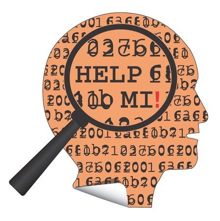 Sticker shaped head with a hidden message - Help mi, under the magnifying glass.のイラスト素材